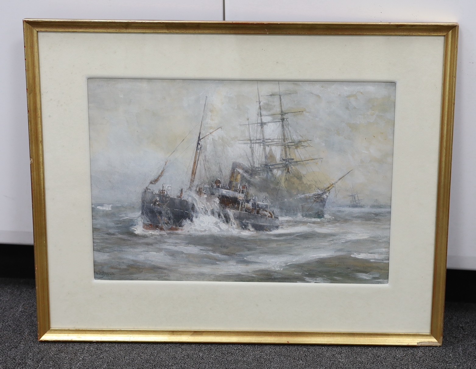 Bernard F. Gribble (1873-1962), watercolour, Tug boat and sailing ship, signed, 34 x 49cm